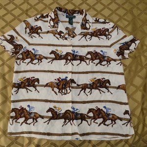 RALPH LAUREN HORSE RACE SHORT SLEEVE SILK BLOUSE